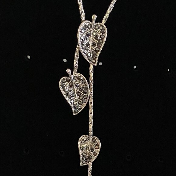 Silver Tone Long Crystal Leaves Pearl Drop Necklace - Picture 5 of 10